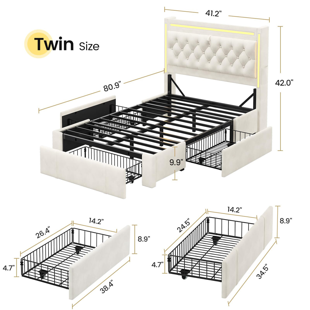 BTHFST Twin Upholstered LED Bed Frame with 3 Drawers, Velvet Hidden Storage Headboard with Charging Station, Button Tufted Headboard and Heavy Duty Metal Slats Support, No Box Spring Needed, Beige BTHFST