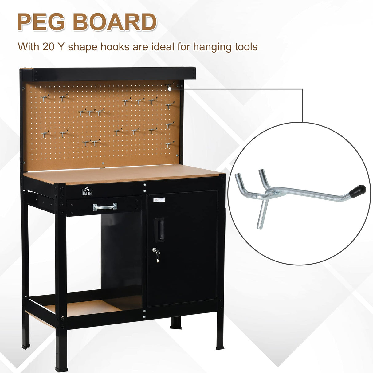 HOMCOM Multipurpose Workbench, Workshop Tool Table with Slide Drawer. Peg Board, Storage Cabinet with Keys HOMCOM