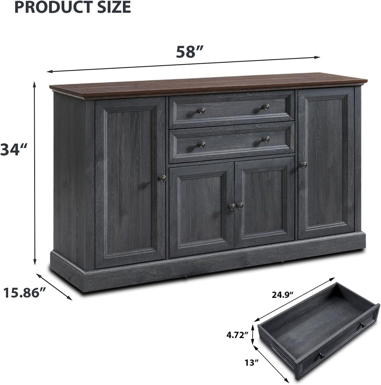 Farmhouse Sideboard Buffet Cabinet with Storage, 58'' Large Coffee Bar Stroage Cabinet with 2 Drawers and 4 Doors, Wood Rustic Accent Cabinet for Dinning Room, Hallway, and Living Room, Dark Grey IFGET