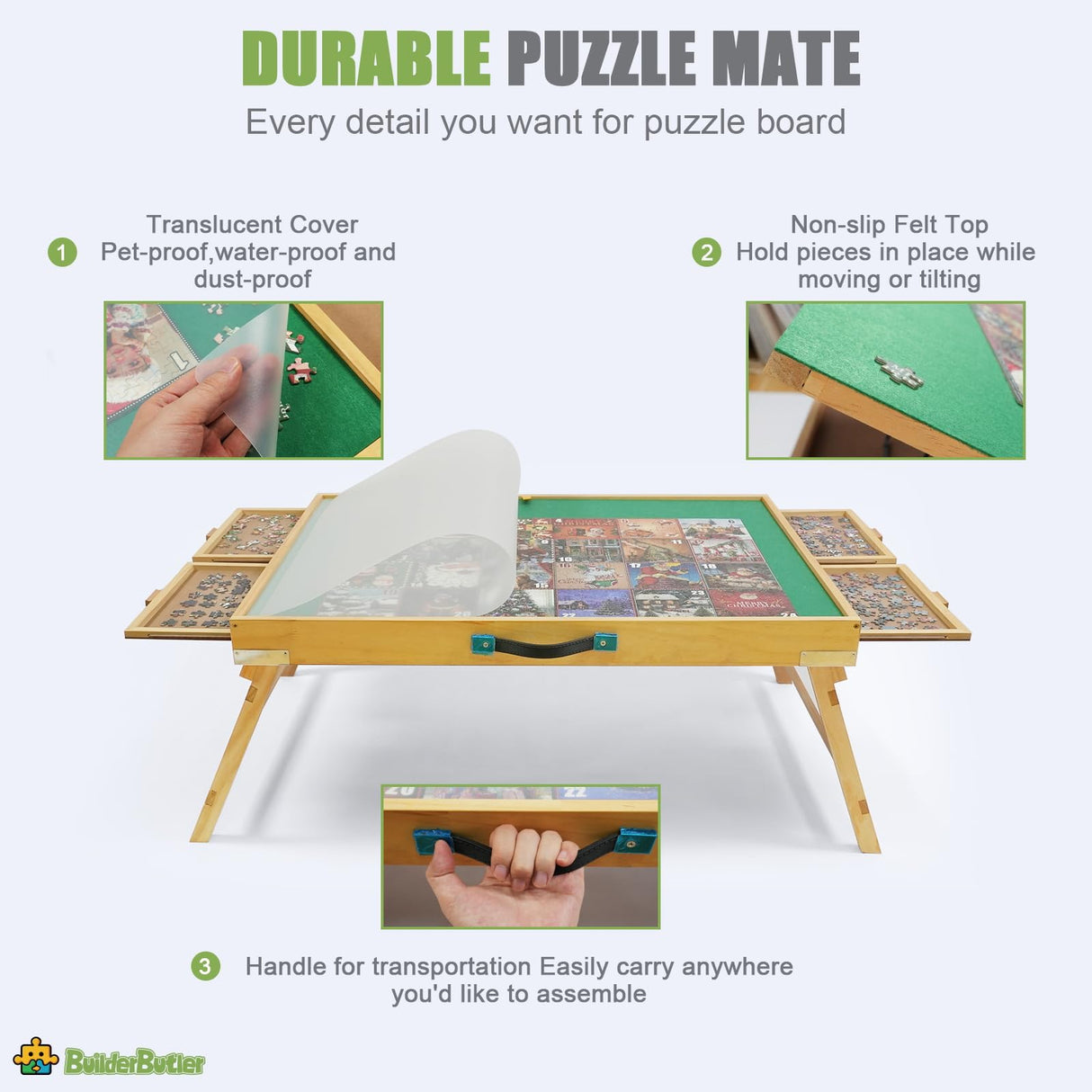 BuilderButler 1500 Pieces Puzzle Table with Legs,25"x34" Wooden Jigsaw Puzzle Board with 4 Drawers & Cover,3-Tilting Angles for Puzzle Enthusiasts BuilderButler