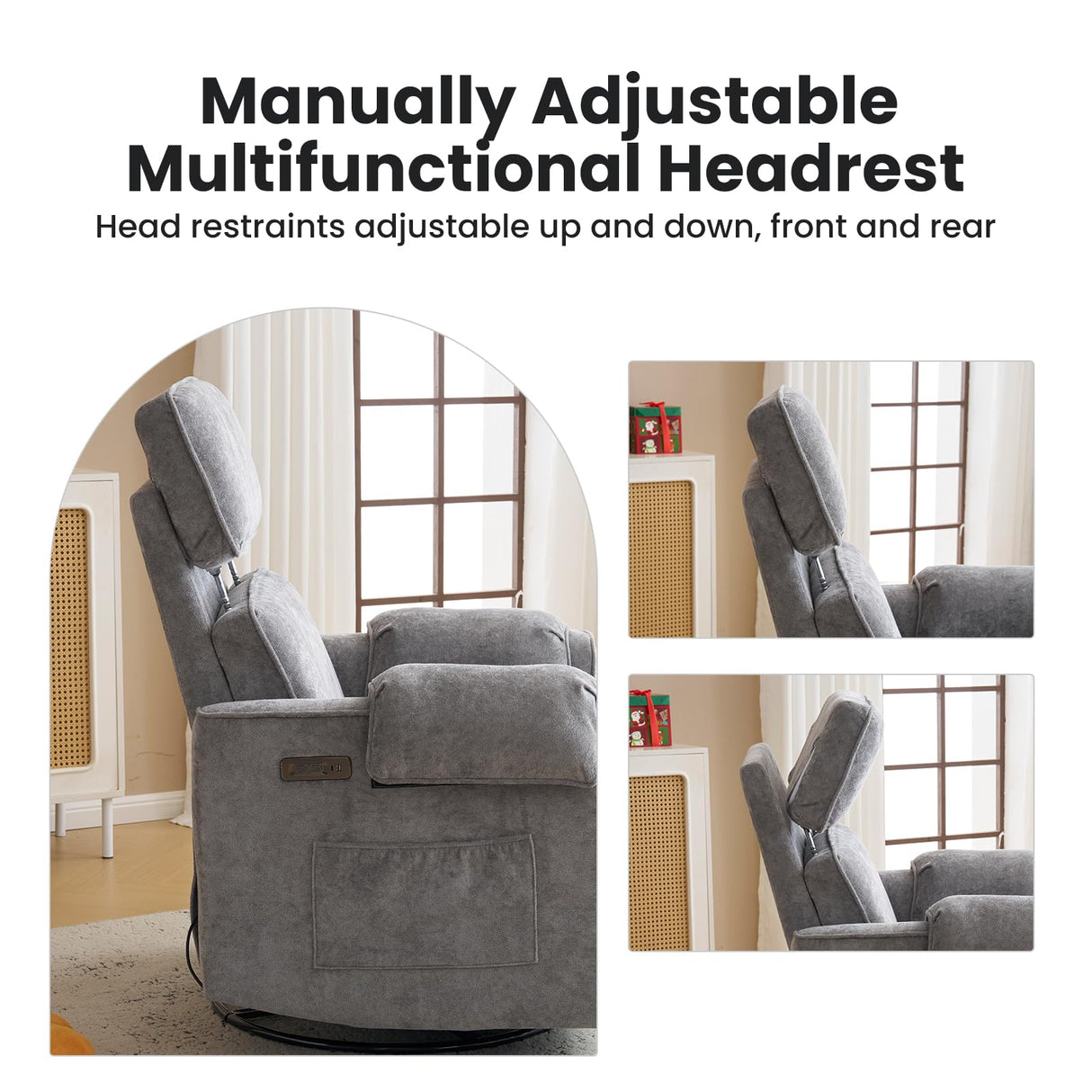 Oversized Power Recliner Chair Swivel Glider with Adjustable Headrest, Swivel Rocking Recliner Chair for Adults, 26" Extra Wide Glider Nursery Chair with Overstuffed Armrest, USB Ports, Grey RUTOX