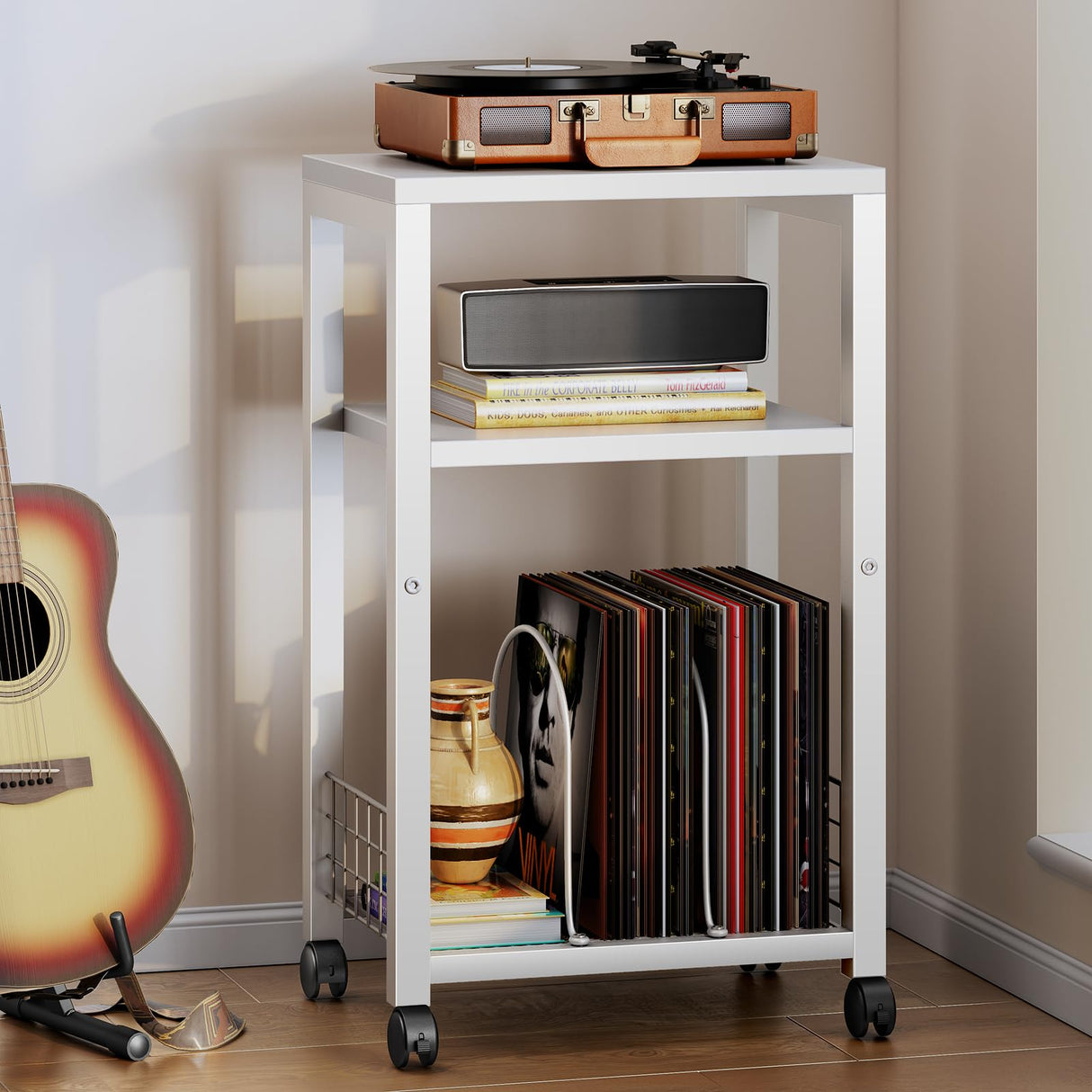 Kalrin Small Side Table, 3 Tier Moveable Small End Table, Record Player Stand with Records Shelf, Tall Nightstand for Bedroom, Living Room, Sofa, Office, Bathroom (Pure White) Kalrin