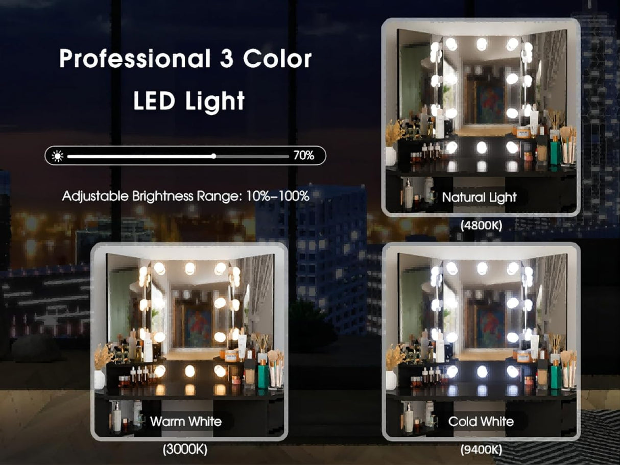 Corner Makeup Vanity Desk with Lighted Mirror - Bedroom Vanity Table Mirror with 5 Drawer and Storage Shelf, 3 Lighting Modes Adjustable, Makeup Table for Women Girls Black 44" Soldow