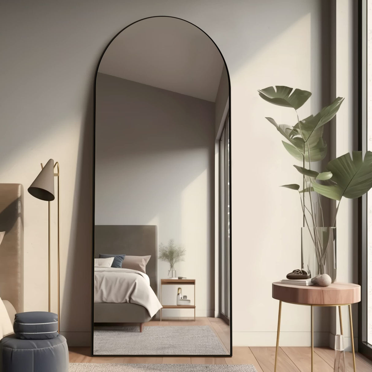 PexFix Arched Full Length Mirror Arched Wall Mirror Floor Mirror with Stand Contemporary Full Length Mirror with Black Wood Frame, 65''x22'' PexFix