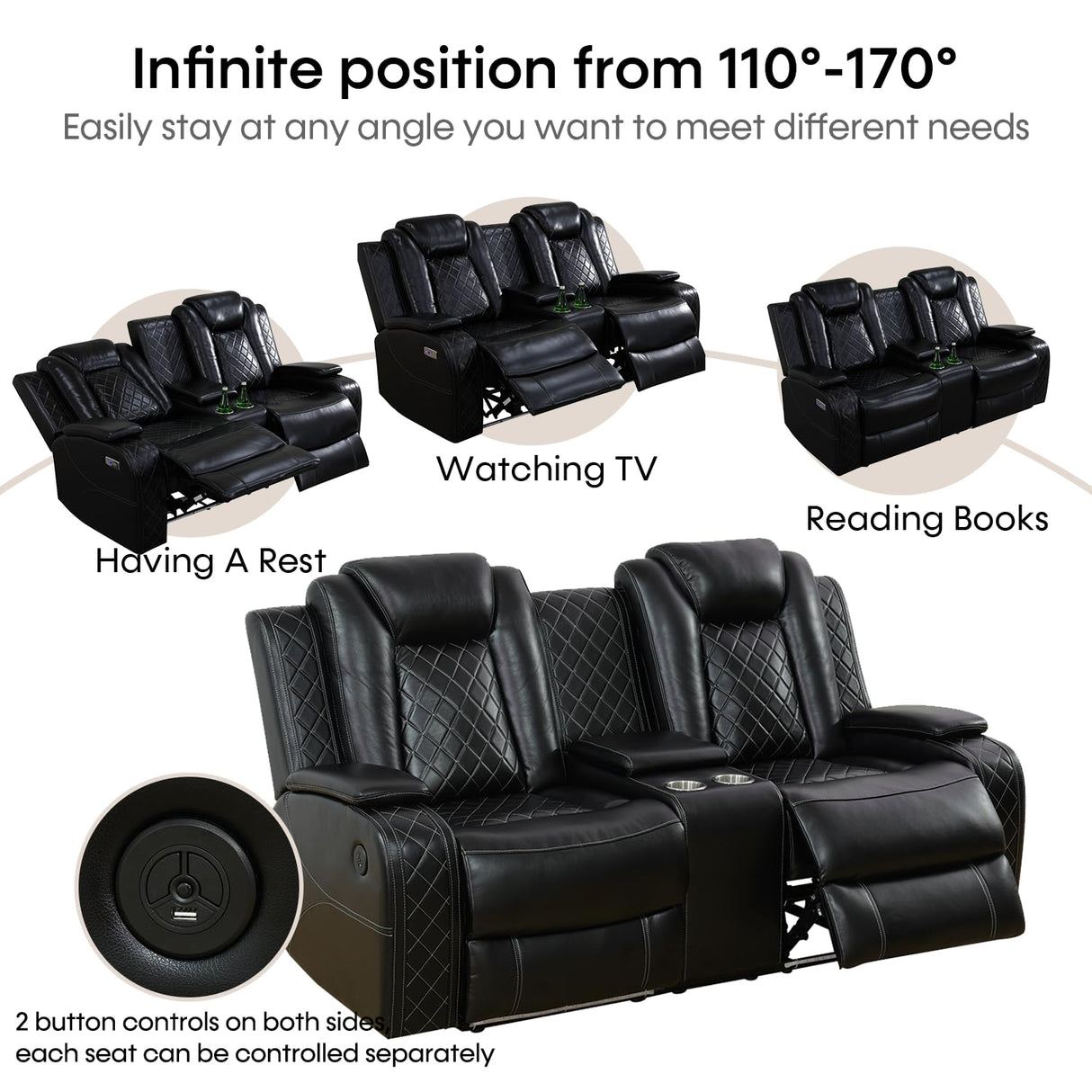 Caberryne Leather Recliner Sofa Set with LED Lights,Power Reclining Sofa and Loveseat Set with USB Port/Cup Holder for Living Room/House/Home Theater(2 Piece Set,Black) Caberryne