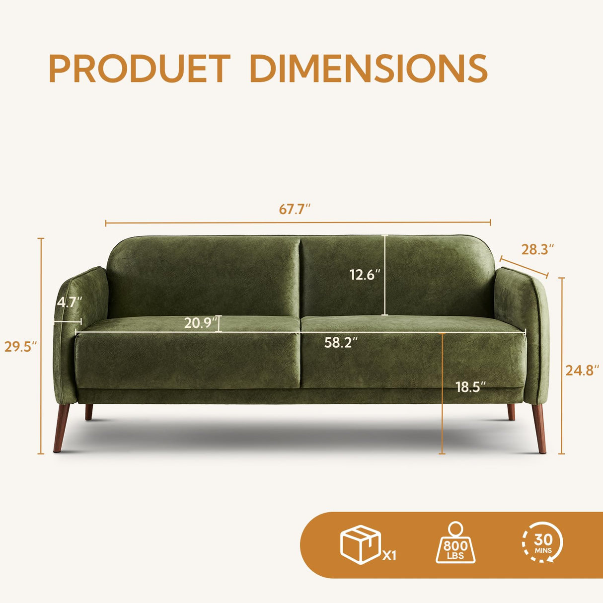 Atopston 67" Loveseat Sofa, Mid Century Modern Decor Sofa Couch with Pillows and Thick Seat Cushion, Small Sofa for Bedroom Apartment Office, Green Atopston