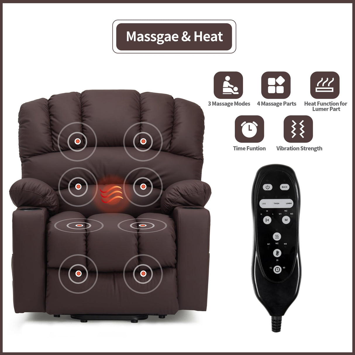 DURASPACE Power Lift Recliner Electric Lift Massage Recliner Chairs with Heat, Large Shell Faux Leather Backrest Lift Chair Recliners for Elderly, Seniors (Brown) DURASPACE