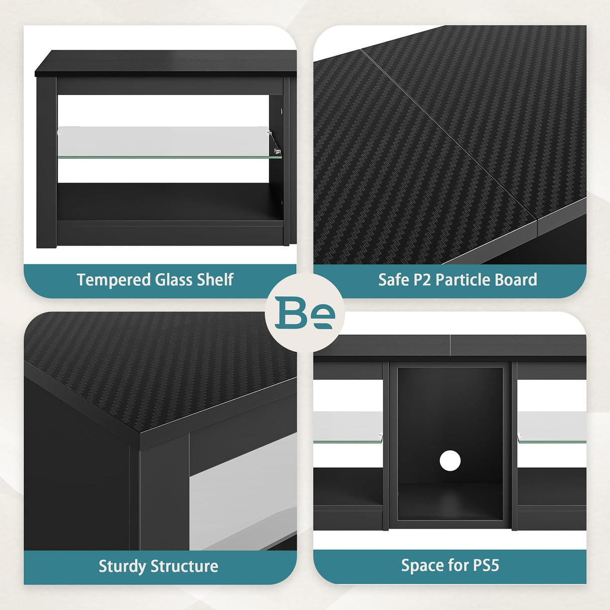 Bestier TV Stand for 70 inch TV with Power Outlets, LED Entertainment Center for PS5, Gaming TV Consoles with Glass Shelves for Living Room, 63'' Inch, Black Carbon Fiber Bestier