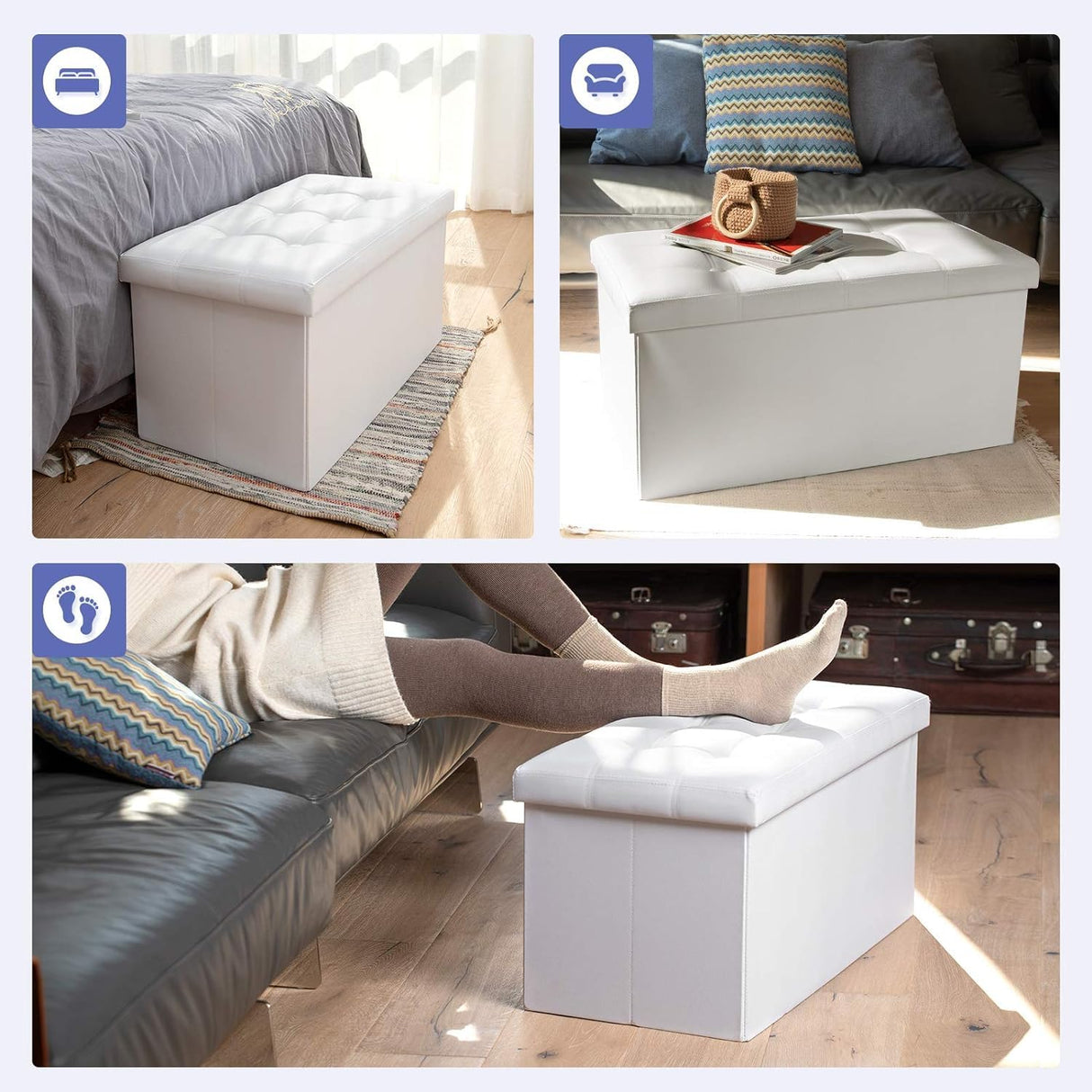 COSYLAND Ottoman Bench with Storage - 30x15x15in Folding Leather Ottoman, Rectangle Foot Stool Foldable Storage Chest Ottoman Footrest Footstool Collapsible with Lid for Bedroom Living Room White COSYLAND