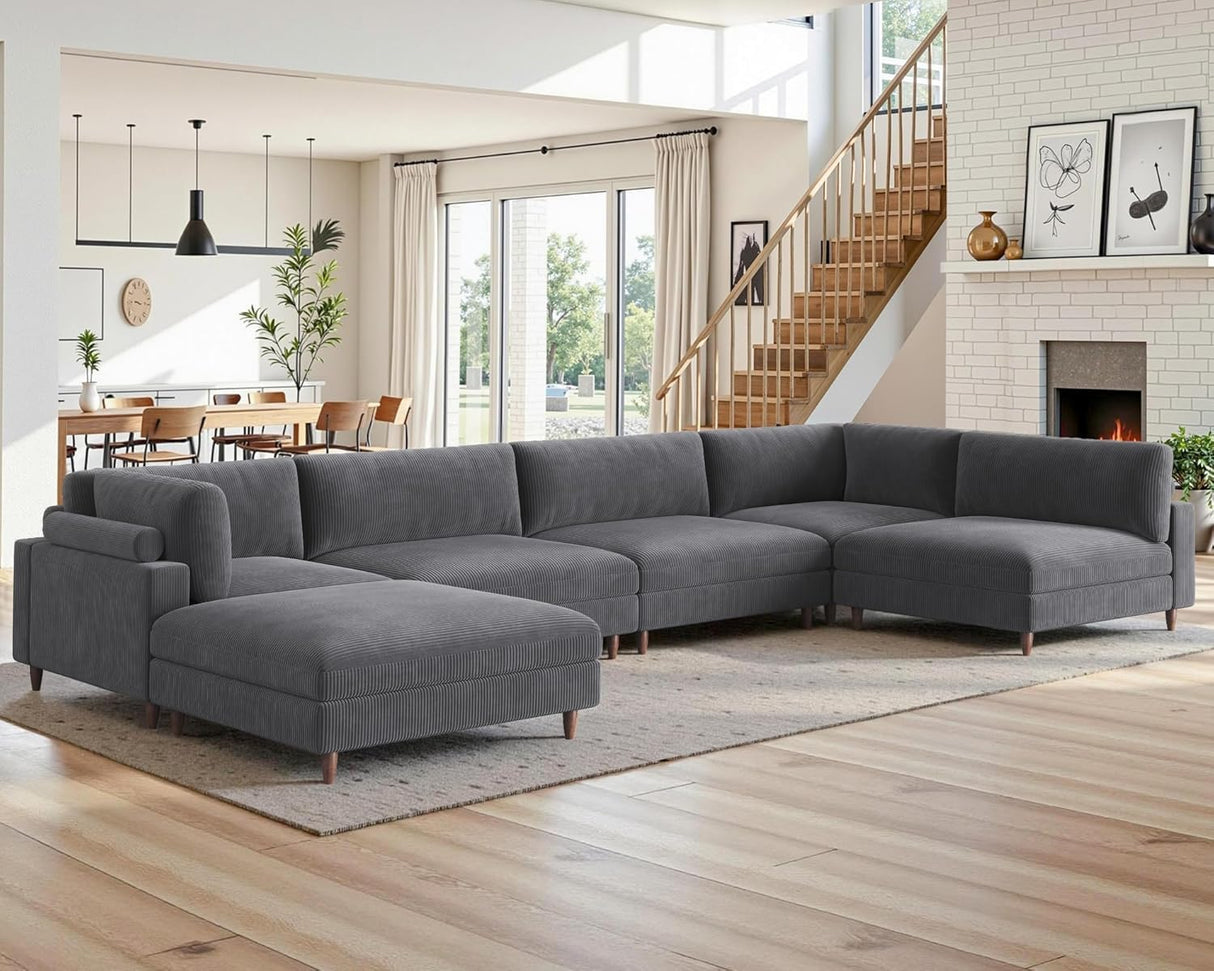 Jocisland Modular Sectional Sofa, 44" Deep Seat Modular Sofa, Oversized 6-Seater Sectional Couch for Plus-Size & Big Families, Grey Corduroy Living Room Couch, Easy Assembly Jocisland
