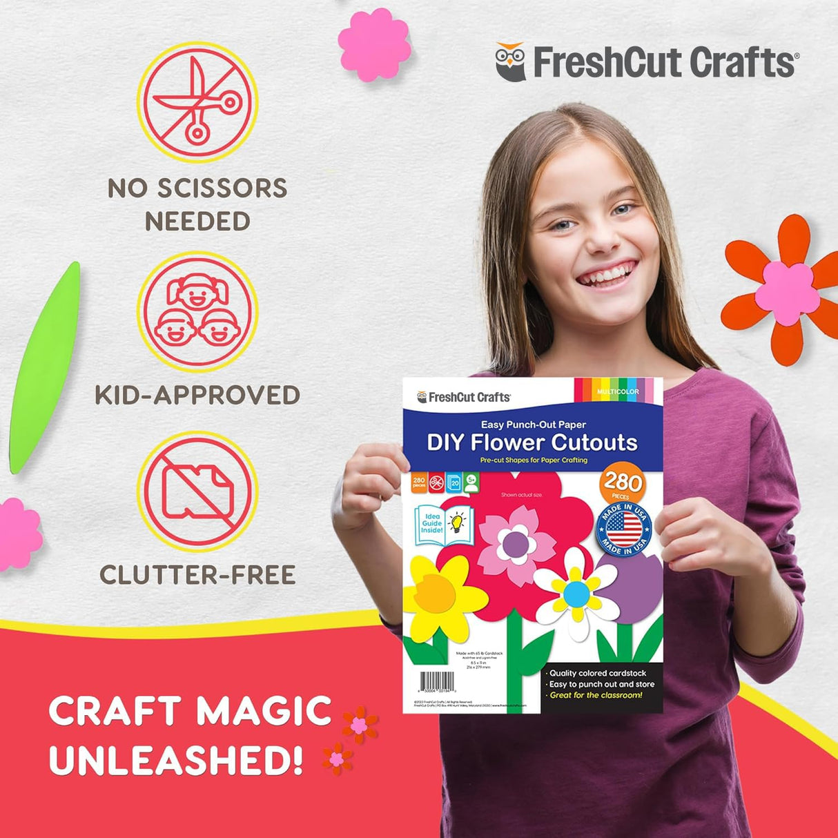 FreshCut Crafts: 280 Pieces of DIY Flower Cutouts with IDEA Guide - 2-Sided Punch Out Tulips, Daisies, Daffodils, Flowers Ideal for Spring Craft Projects, and Mother's Day DIY Gift Craft FreshCut Crafts