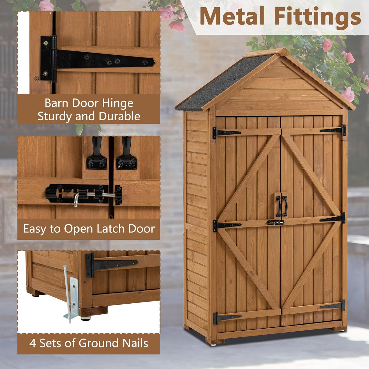 DetalleGo Outdoor Wooden Storage Cabinet, Storage Shed with 3 Detachable Shelves, Lockable Wooden Garden Shed with Waterproof Roof, Outside Vertical Tall Tool Shed for Yard Patio Lawn Deck (Natural) DetalleGo