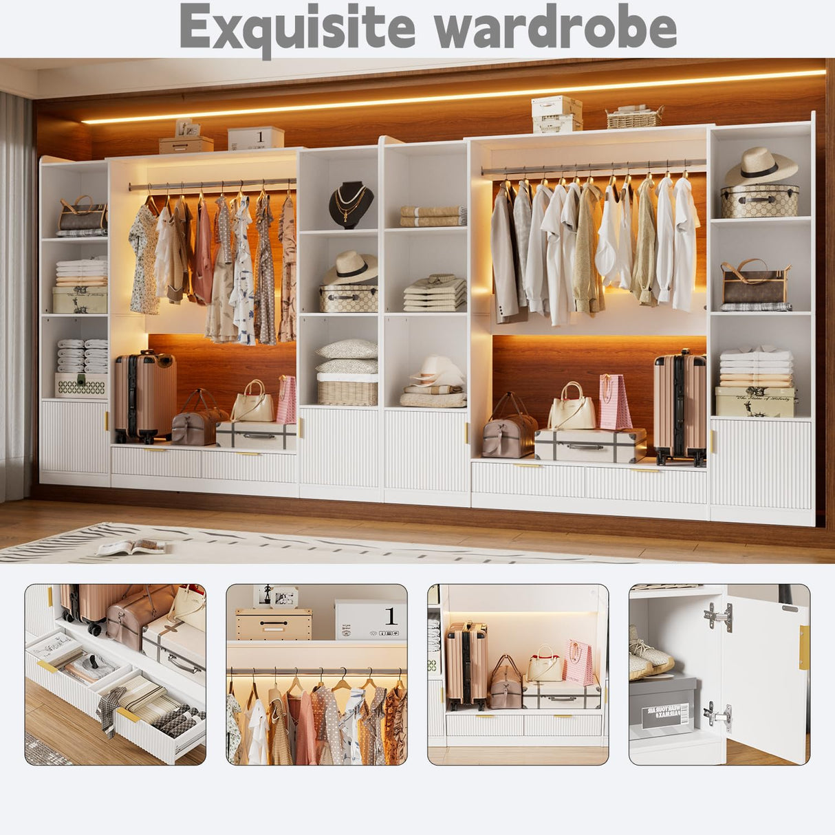 PAKASEPT Wardrobe Closet, 64.9" Freestanding Armoire System with 6 Display Storage Cabinet & Hanging Rods & 2 Wood Drawers, Cloth Garment Rack with Multi Color Light, Walk-in Closet, White PAKASEPT