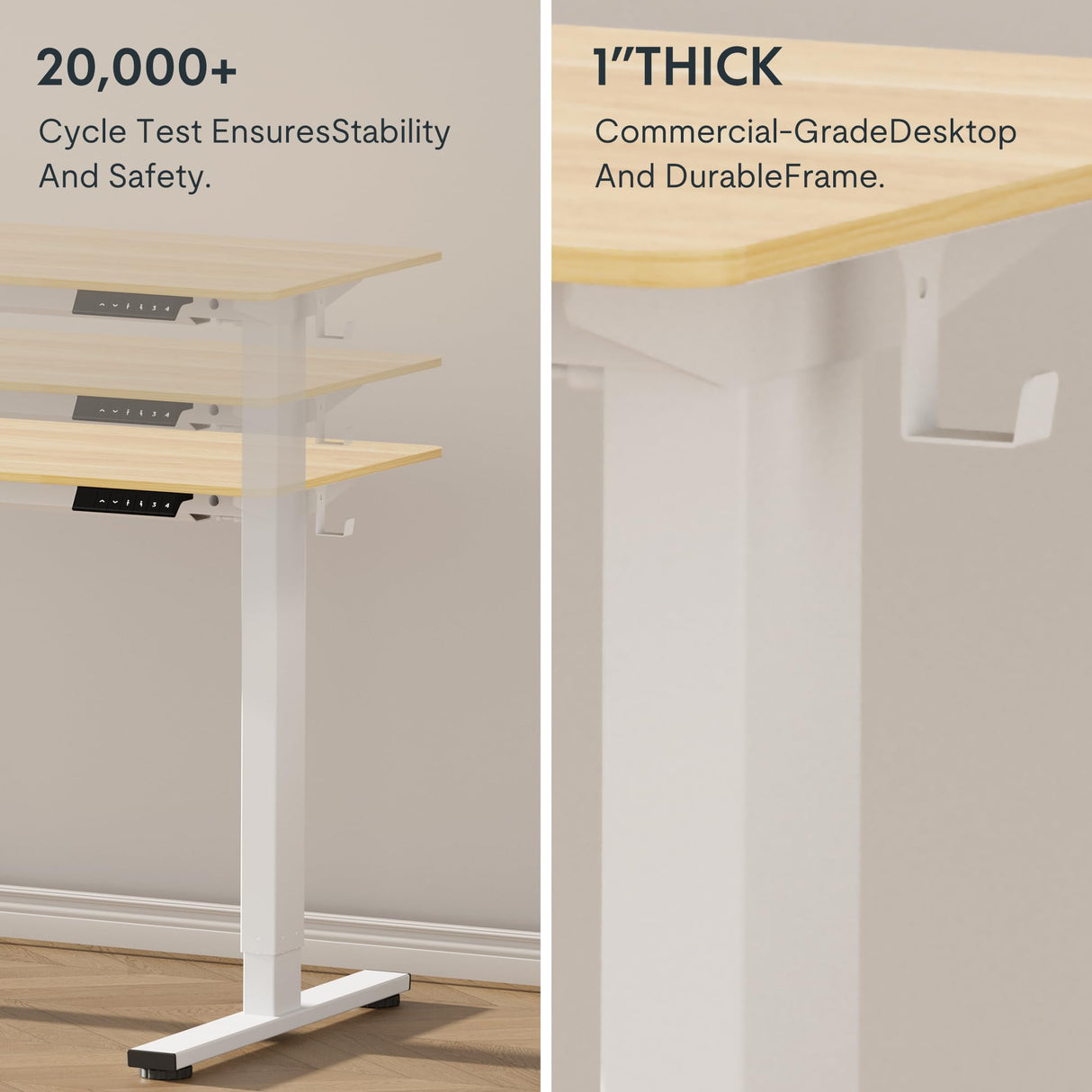 FLEXISPOT 60" Large Height Adjustable Desk, Electric Standing Desk Sit Stand up Desk for Home Office (60x24 inch Maple Desktop + White Frame, 2 Packages) FLEXISPOT