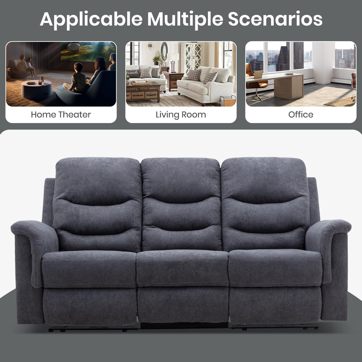 Consofa Reclining Sofa, Recliner Sofa 3 Seater with Flipped Middle Backrest, 2 Cup Holders, Manual Wall Hugger Couches for Living Room, Home Theater Seating Loveseat Recliner Sofa Consofa