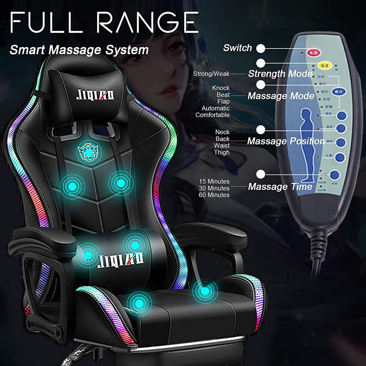 Gaming Chair with Bluetooth Speakers, Video Game Chairs Gaming Lights- Ergonomic Massage Gaming Chair Full Massage Lumbar Support Adjustment of Backrest Dual Gaming Chair… WLYMQFC