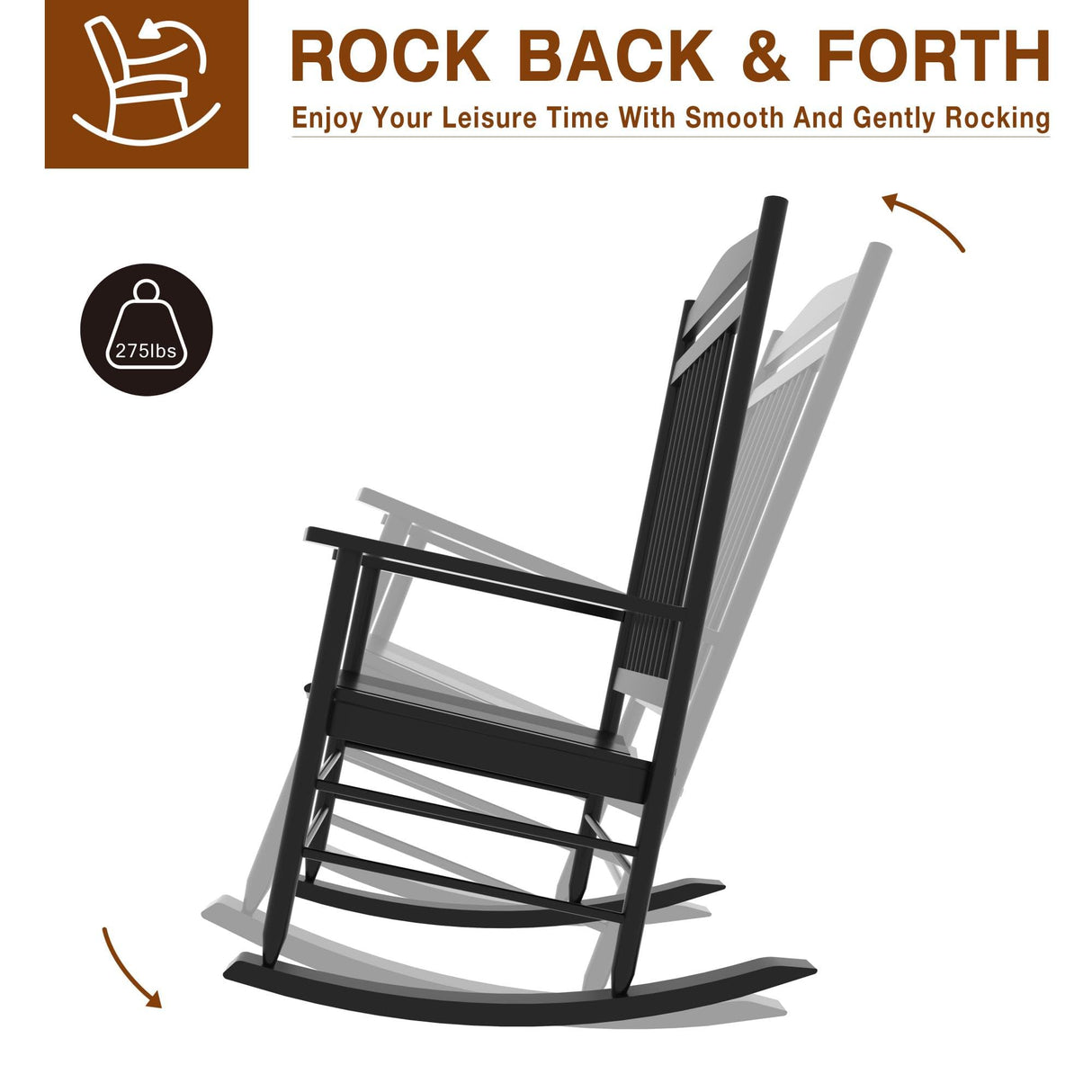 MUPATER Outdoor Rocking Chair Set 3-Piece Patio Wooden Rocker Bistro Set with Foldable Table and Curved Seat, Black MUPATER