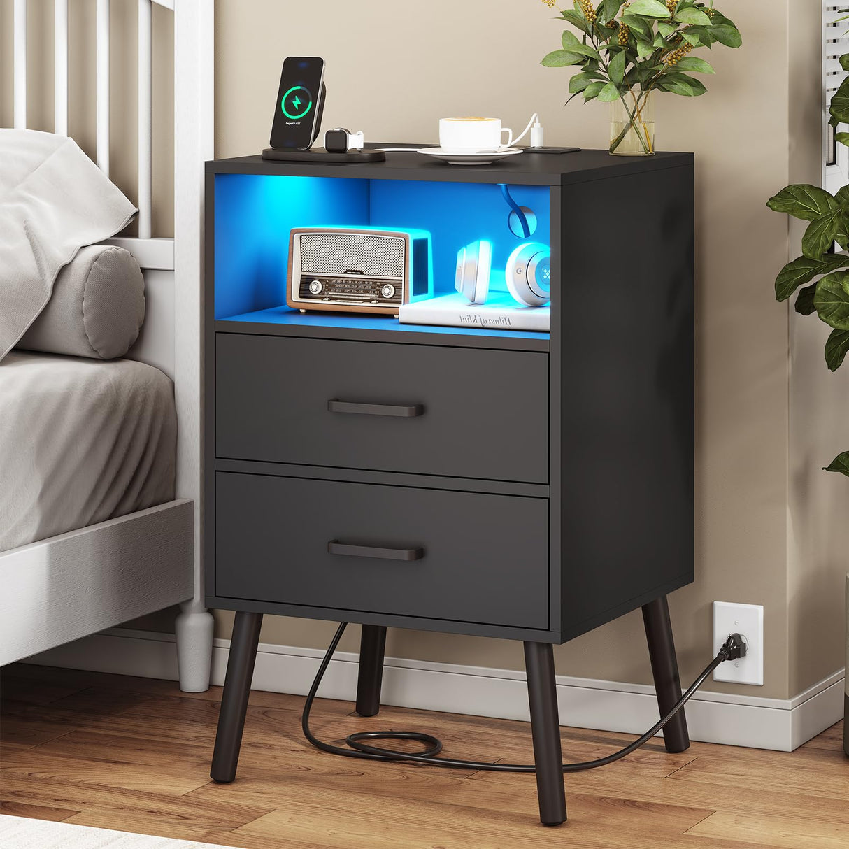 Diliplain Nightstand with Charging Station, Black Night Stand with LED Lights, Modern Side Table with Drawers and Open Shelf, End Table with Solid Wood Legs for Bedroom Diliplain
