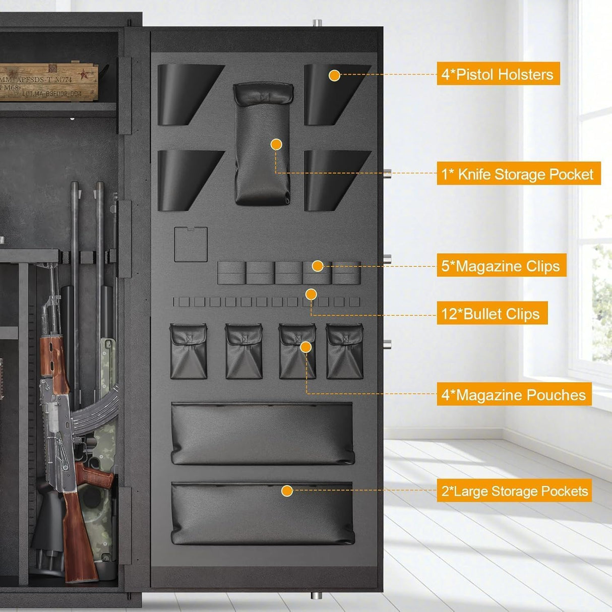 TTSITG Large Rifle Safe, 30-40 Gun Safe for Rifle and Shotgun/Rifle Pistol Rack/Storage Pocket/Removable Shelf/Silent Mode/External Battery/LED,180° Open Door Panel Organizer Gun Safe Unassembled TTSITG