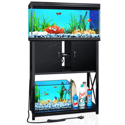 TC-HOMENY 10-29 Gallon Aquarium Stand with Charging Station and Cable Holes, Metal Fish Tank Stand with Storage Cabinet, 29" L x 16.5" W Tabletop, 880LBS Capacity