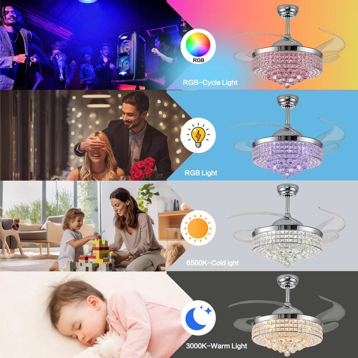 Zynfandor 48" Bluetooth Ceiling Fan with Light and Speaker,RGB Retractable Blades Crystal Fandelier Music Player LED Chandelier 6-Speed APP Control Timer Remote Control for Bedroom Silver Zynfandor