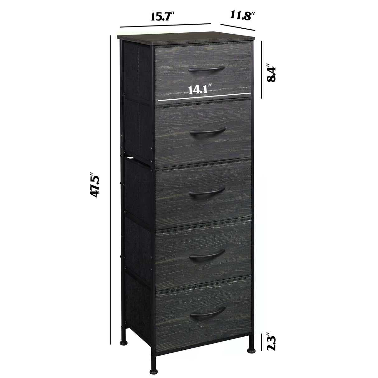 WLIVE Fabric Dresser, 5-Drawer Tall Dressers for Bedroom, Storage Dresser Organizer with Wood Top, Sturdy Steel Frame, Chest of Drawers for Closet, Hallway, Charcoal Black Wood Grain Print WLIVE