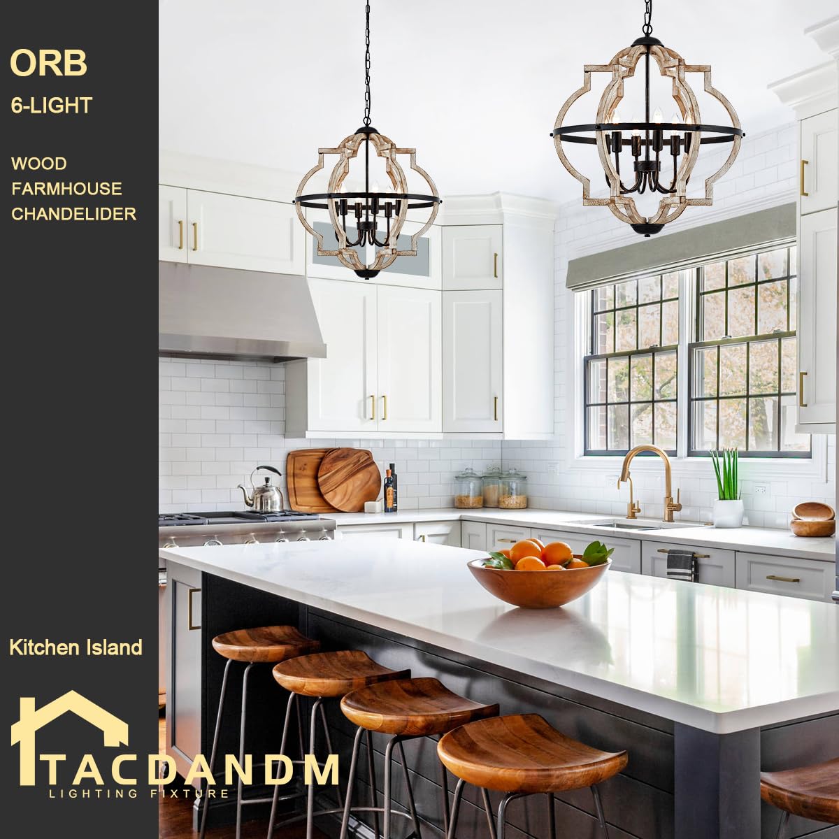 TACDANDM Farmhouse Chandelier for Dining Room Vintage Rustic Oak Distressed White 23'' 6-Light Wood Pendant Lighting Globe Hanging Ceiling Light Fixtures for Entryway Foyer Kitchen Living Room TACDANDM