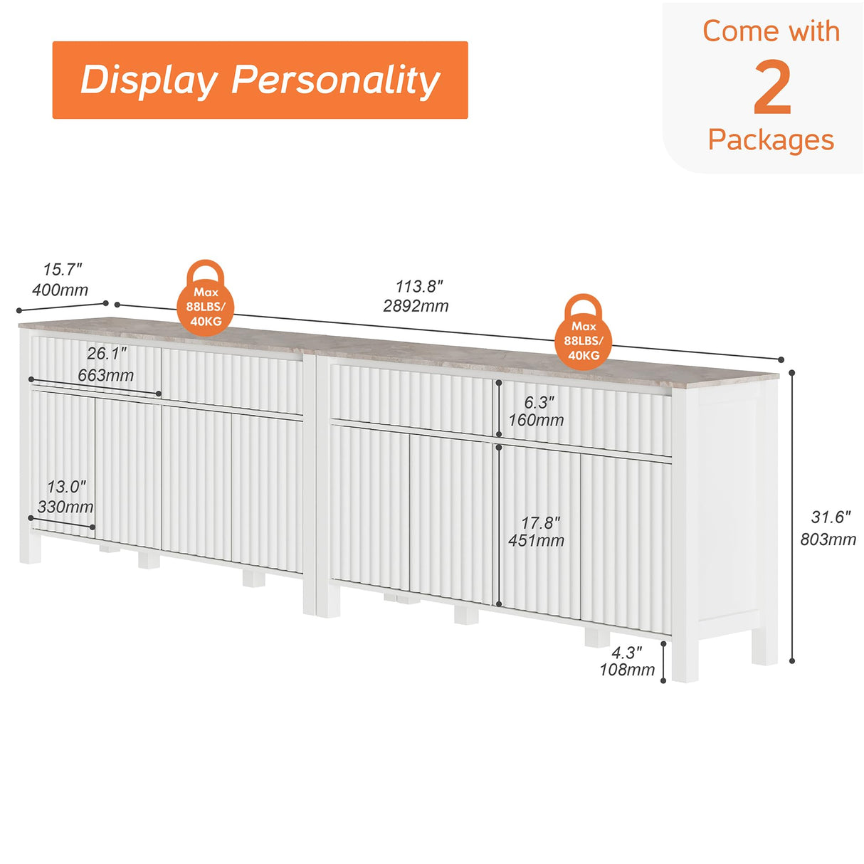 WAMPAT 2-in-1 Modern Sideboard Buffet Cabinet, Large Buffet Cabinet with Storage, White Coffee Bar Cabinet with Adjustable Shelves and Drawers, Storage Console Table for Dining Room, Kitchen WAMPAT