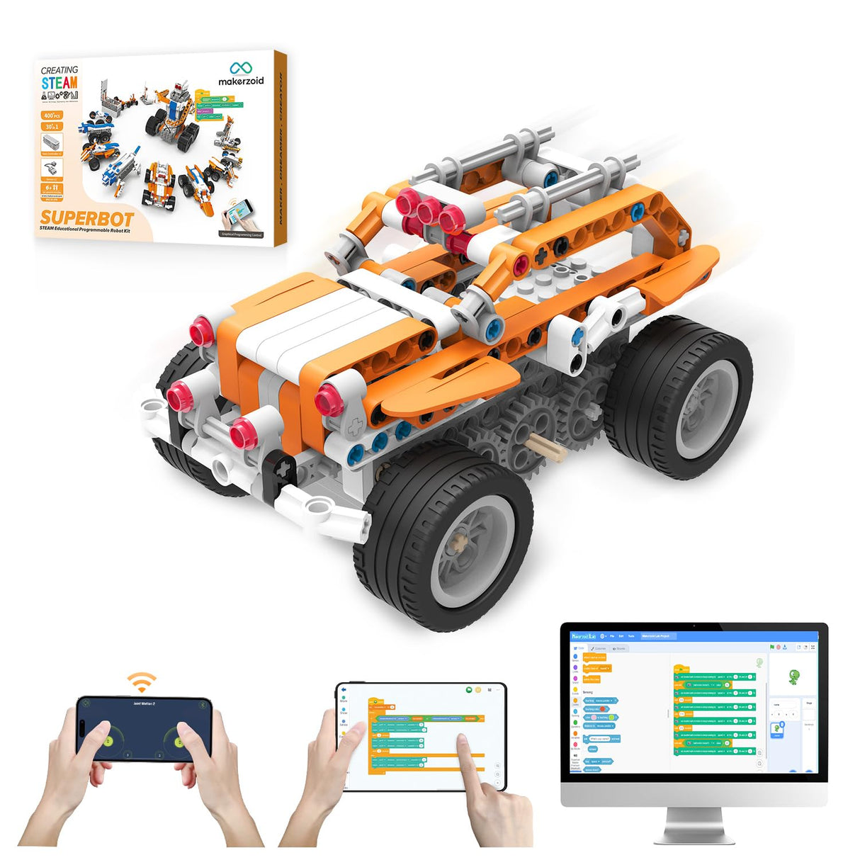 makerzoid STEM Coding Robot Kits for Kids Ages 6+, 26-in-1 Educational Programmable Scratch Coding Robotics Kit, APP RC Robot Jeep Car Birthday Children's Day Gift for Boy Girls(400+ Pcs) makerzoid