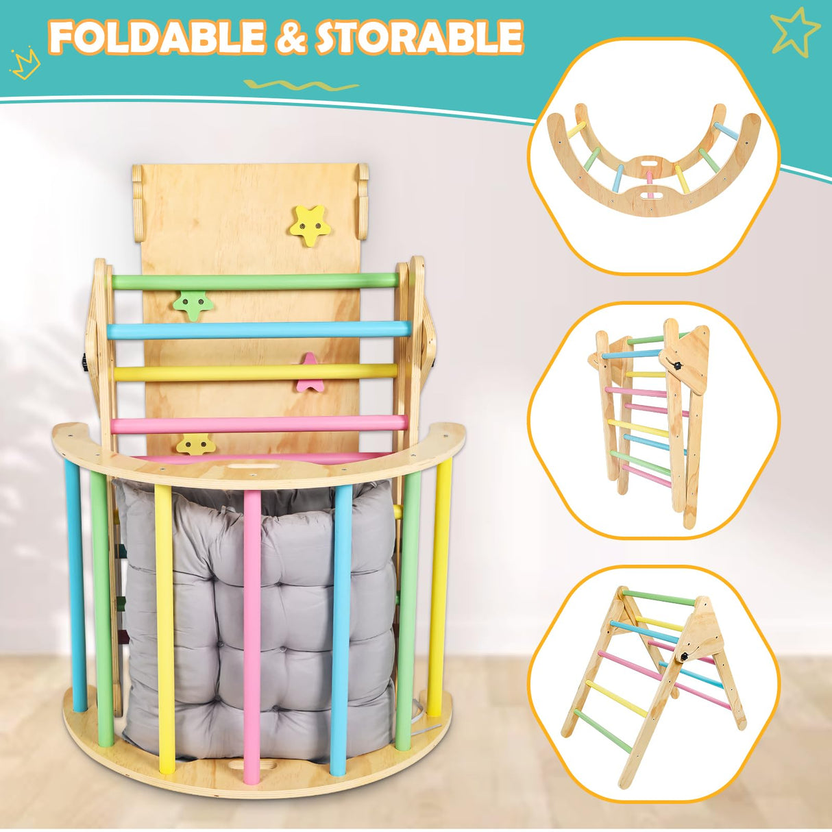 Pikler Triangle Set with Cushion, 7 in 1 Wooden Climbing Toys for Toddlers 1-3 Inside, Toddler Climbing Toys Indoor with Ramp, Arch and Ladder, Montessori Foldable Climbing Set for Toddlers and Kids KAISASA