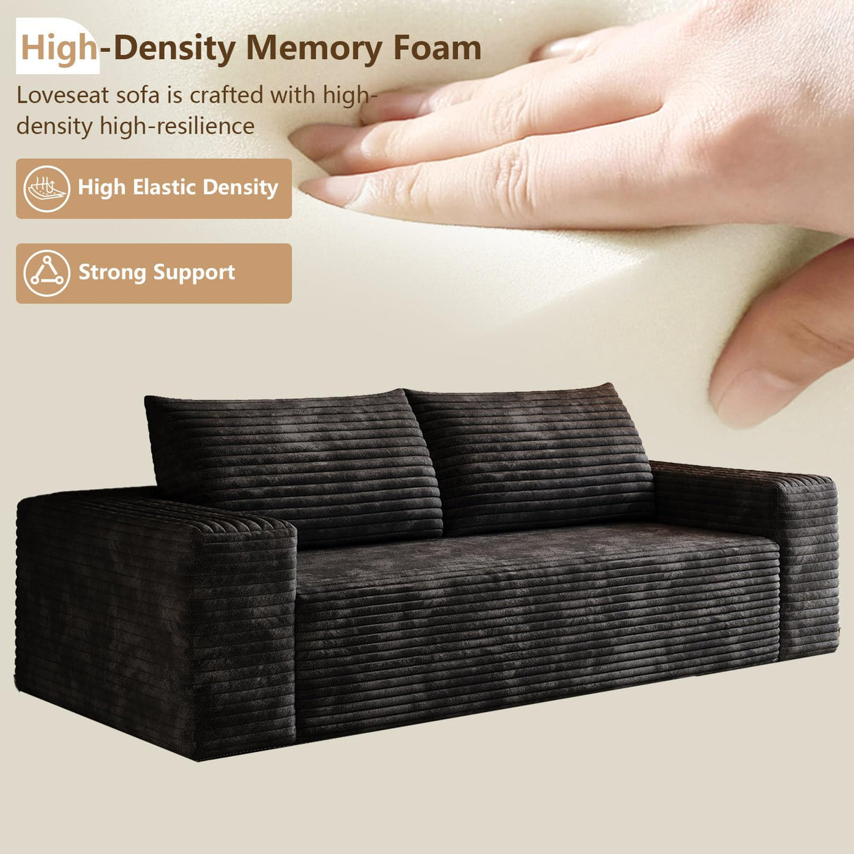 Cloud Loveseat Sofa, Modern Corduroy 2-Seater Couch with Deep Seat, No Assembly Required Memory Foam Sofa, Boneless Sofa in a Box for Bedroom, Apartment, Office,Small Space (Black,63in) atosela