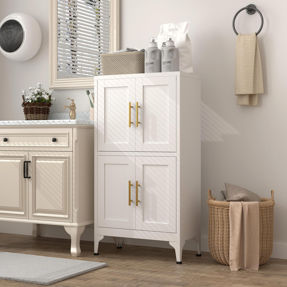 IRONFFICE Bathroom Storage Cabinet,Metal Freestanding Bathroom Cabinet with Adjustable Shelves,Laundry Room Cabinets with 4 Doors,White IRONFFICE