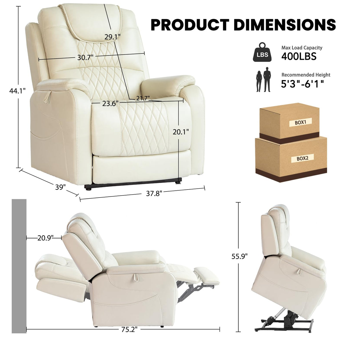 EONIX Triple Motor Lay Flat Power Lift Recliner Chair for Elderly with Massage, 400lbs Electirc Lift Chair for Living Room, Independent Adjustable Backrest Headrest, Extended Footrest, Cream White EONIX