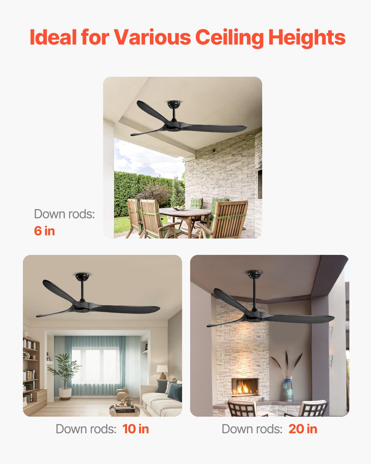 VEVOR 72 Inch Ceiling Fan without Light, 6-Speed Remote Control, 3-Wood-Blade, Reversible DC Motor, Modern Low Profile Flush Mount Exterior Fan for Bedroom, Living Room, Patio, Indoor/Outdoor, Black VEVOR