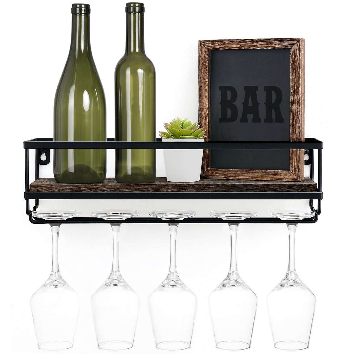 Mkono Wall Mounted Wine Rack - Bottle & Glass Holder Wood Rustic Floating Racks with Stemware Hanger Modern Plants Photos Wine Bottles Display Wall Storage Shelf for Kitchen Dining Room Home Bar Mkono