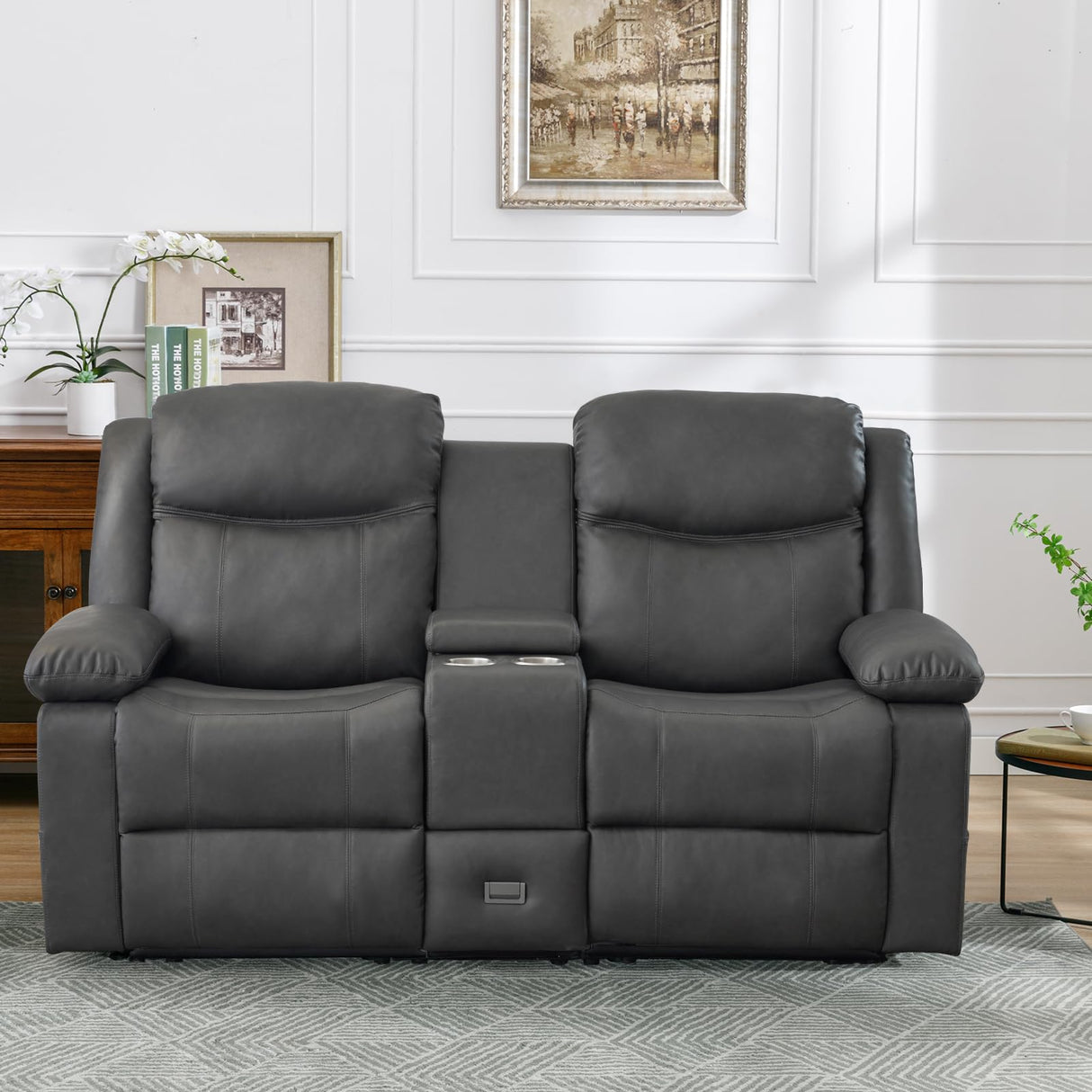 B BAIJIAWEI Loveseat Recliner, Reclining Sofa with Console, Double Reclining Couch, 2 Seater Manual Massage Couch for Living Room, Office, Home Theater(PU-Grey) B BAIJIAWEI