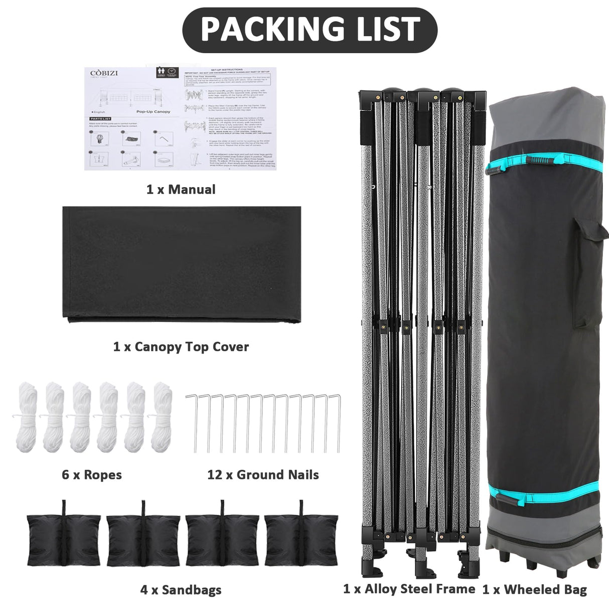 COBIZI 10x20 Pop Up Canopy Without Sidewall,Heavy Duty Canopy UPF 50+ All Season Wind Waterproof Commercial Outdoor Wedding Party Tents for Parties Canopy Gazebo with Roller Bag(10 x 20 ft Black) COBIZI