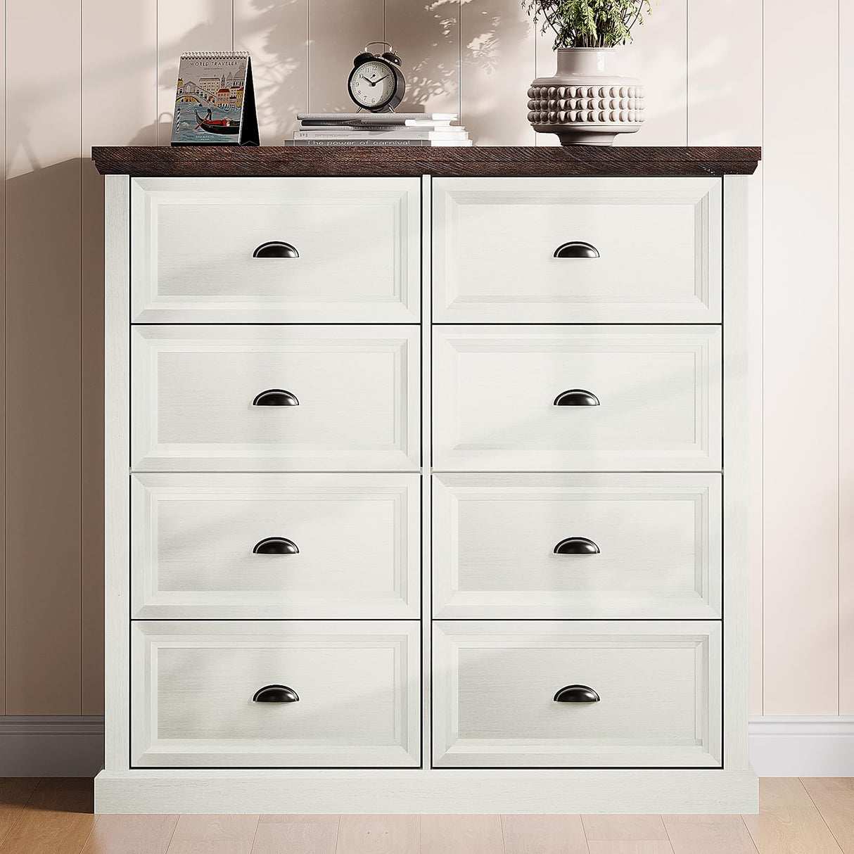 AMERLIFE 42" Dresser for Bedroom, Farmhouse 8 Drawer Dresser, Dressers & Chests of Drawers, Organizer with Storage Drawers, Rustic White AMERLIFE