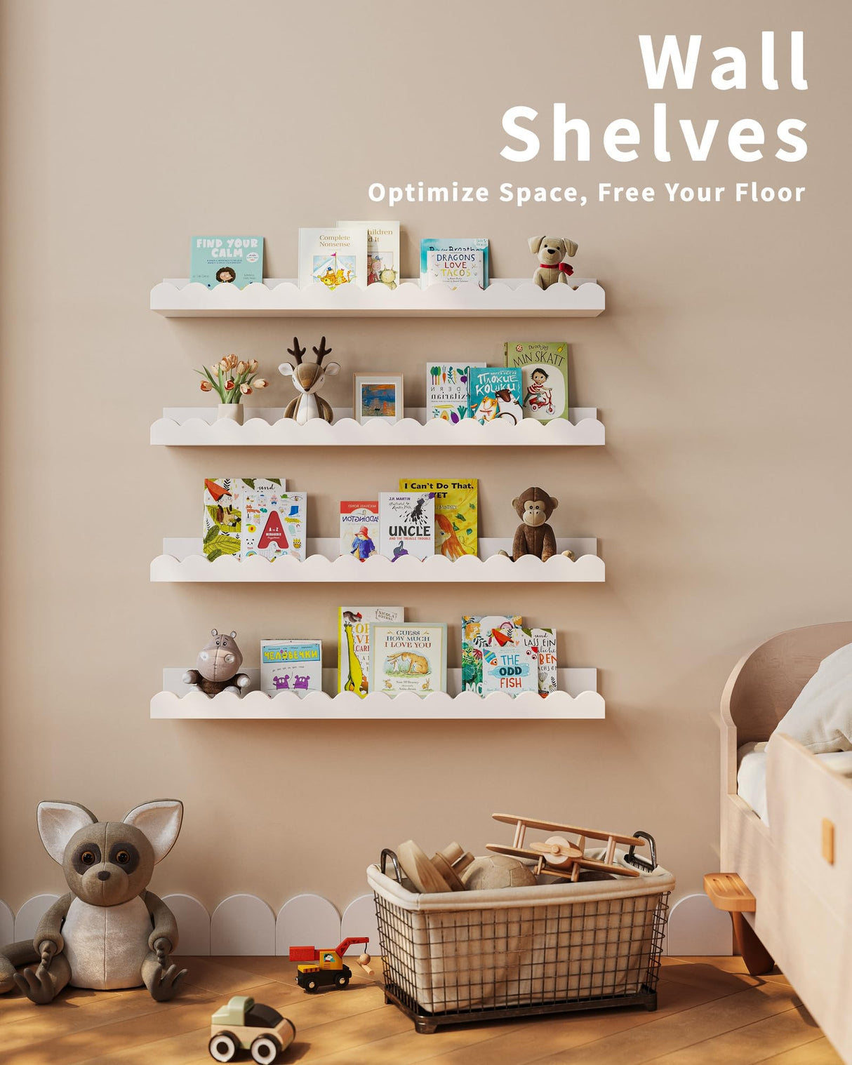 Nursery Book Shelves, 4-Pack White Floating Shelves for Wall Kids, Scalloped Shelves, Wall Book Shelves for Bedroom Kids, Toddler Room, Baby Room, Nursery Decor Shario