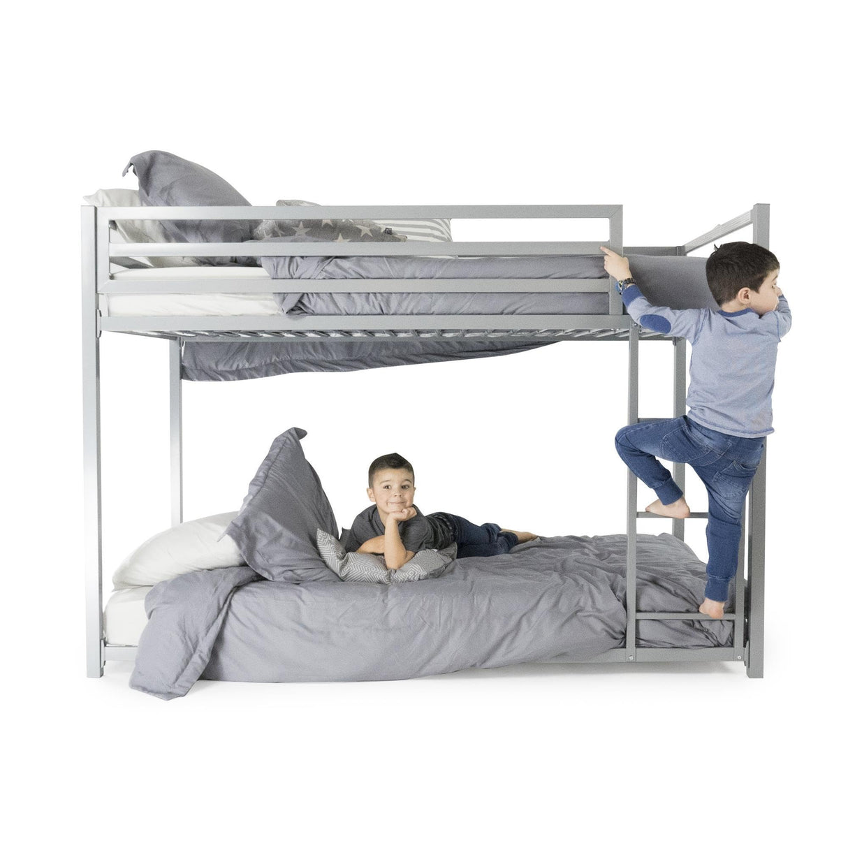 DHP Miles Low Metal Bunk Bed Frame for Kids, With Built-in Ladder, High Guardrail and Metal Slats, Floor Bed Bottom Bunk, No Boxspring Required, For Small Spaces, Full-Over-Full, Blue DHP
