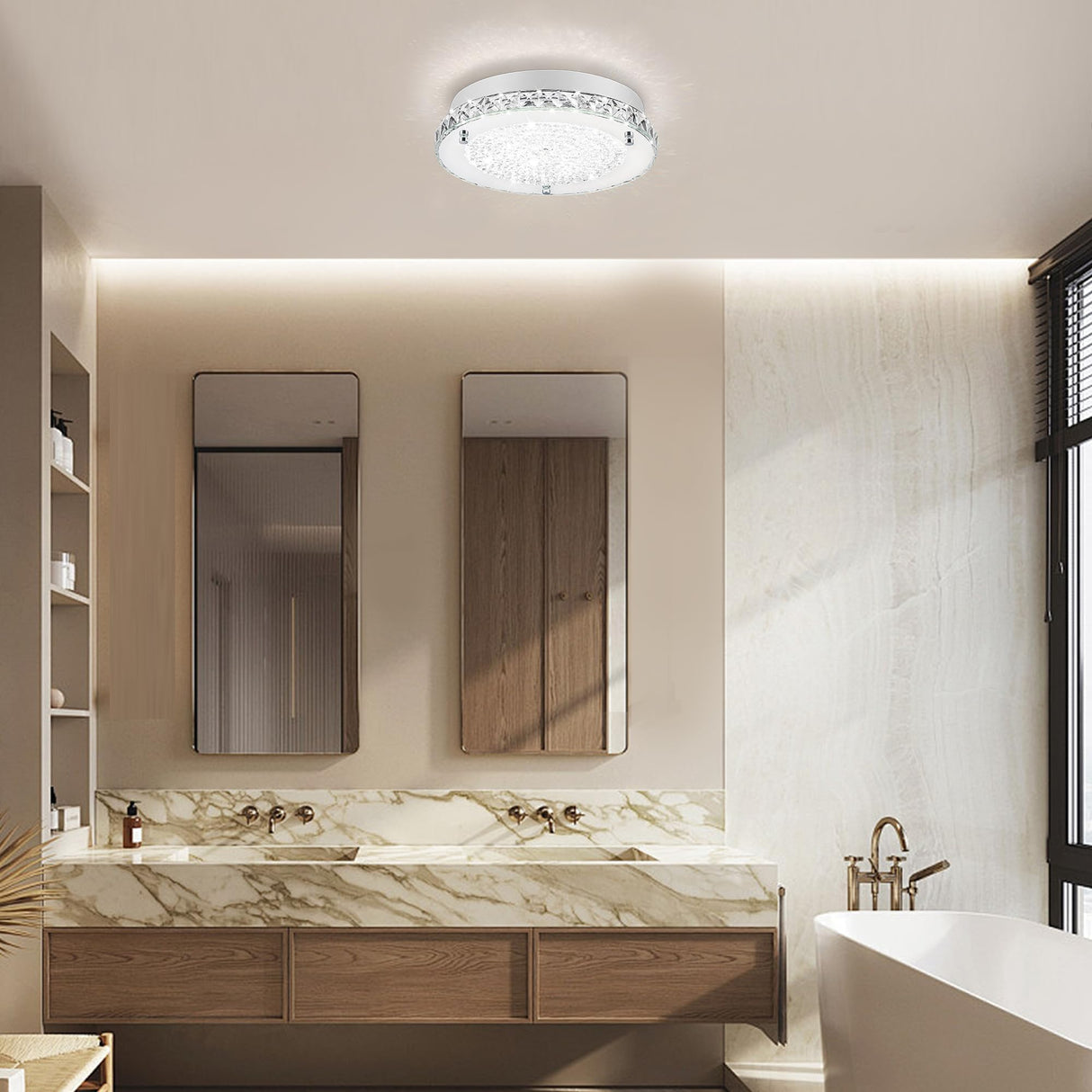 Lzawvm Crystal Ceiling Light Fixture, Flush Mount Bedroom Bathroom Hallway Light, 4000K LED Dimmable, 18W Lzawvm