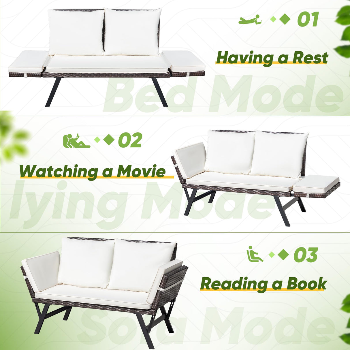 Greesum Outdoor Sofa, Woven Rattan Patio Furniture, Convertible Daybed or Double Chair with Adjustable Armrests, Cushions and Pillows for Yard, Porch, Pool, Brown Lounger & Beige Pillowcase Greesum