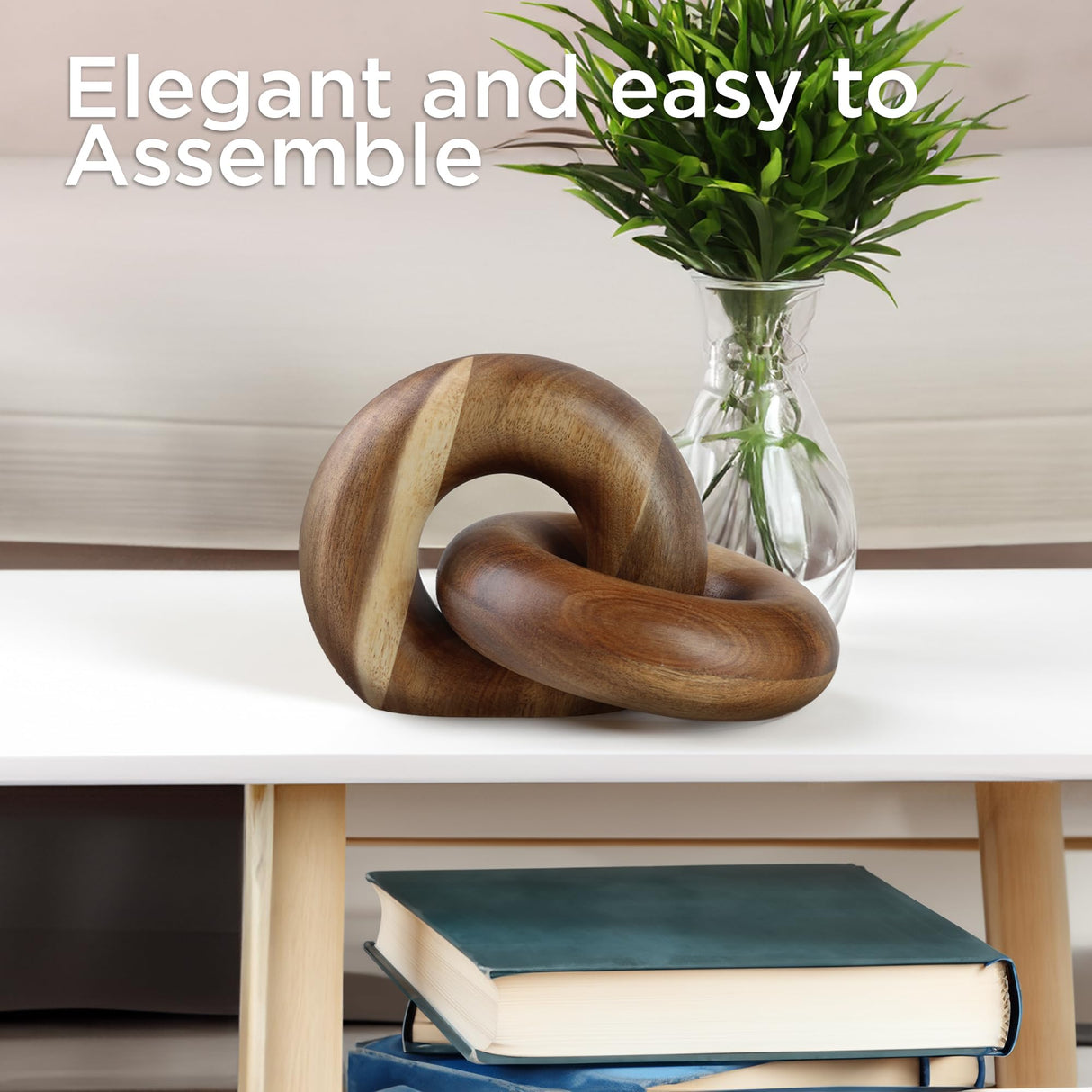 VETELK 2 Link Wood Chain Link Decor Wood Knot Decor for Coffee Table, Living Room, Bookshelf - Hand Carved Farmhouse Decorative Fusion Knots - Boho Acacia Knot Sculpture for Scandirustic Home Accents VETELK