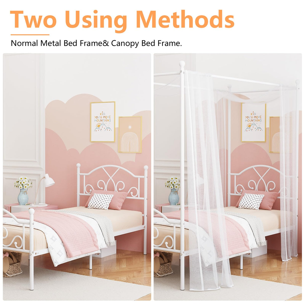 Weehom Twin Canopy Bed Frame with Headboard and Footboard Metal Four Posters Curtains Design Mattress Foundation Bed Platform Underbed Storage Space No Box Spring Needed for Kids Adults White Weehom