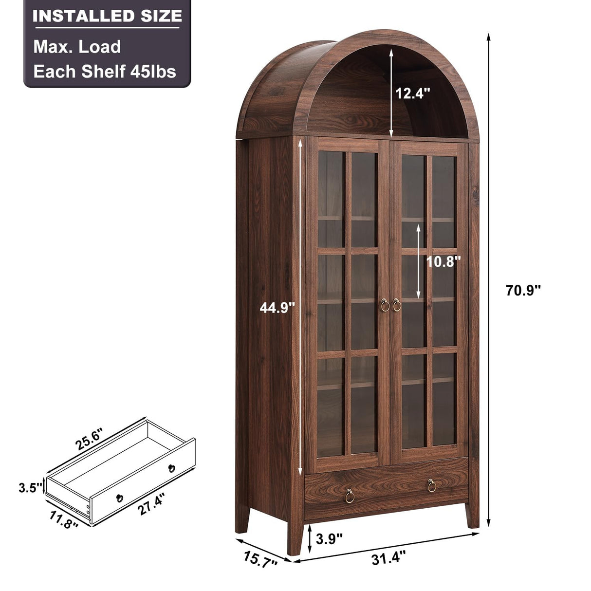 71" Tall Arched Cabinet, Modern Farmhouse Wooden Display Cabinet with Drawer and Glass Doors, 6 Tier Bookshelf w/Adjustable Shelves for Living Room, Office, Walnut WINWY