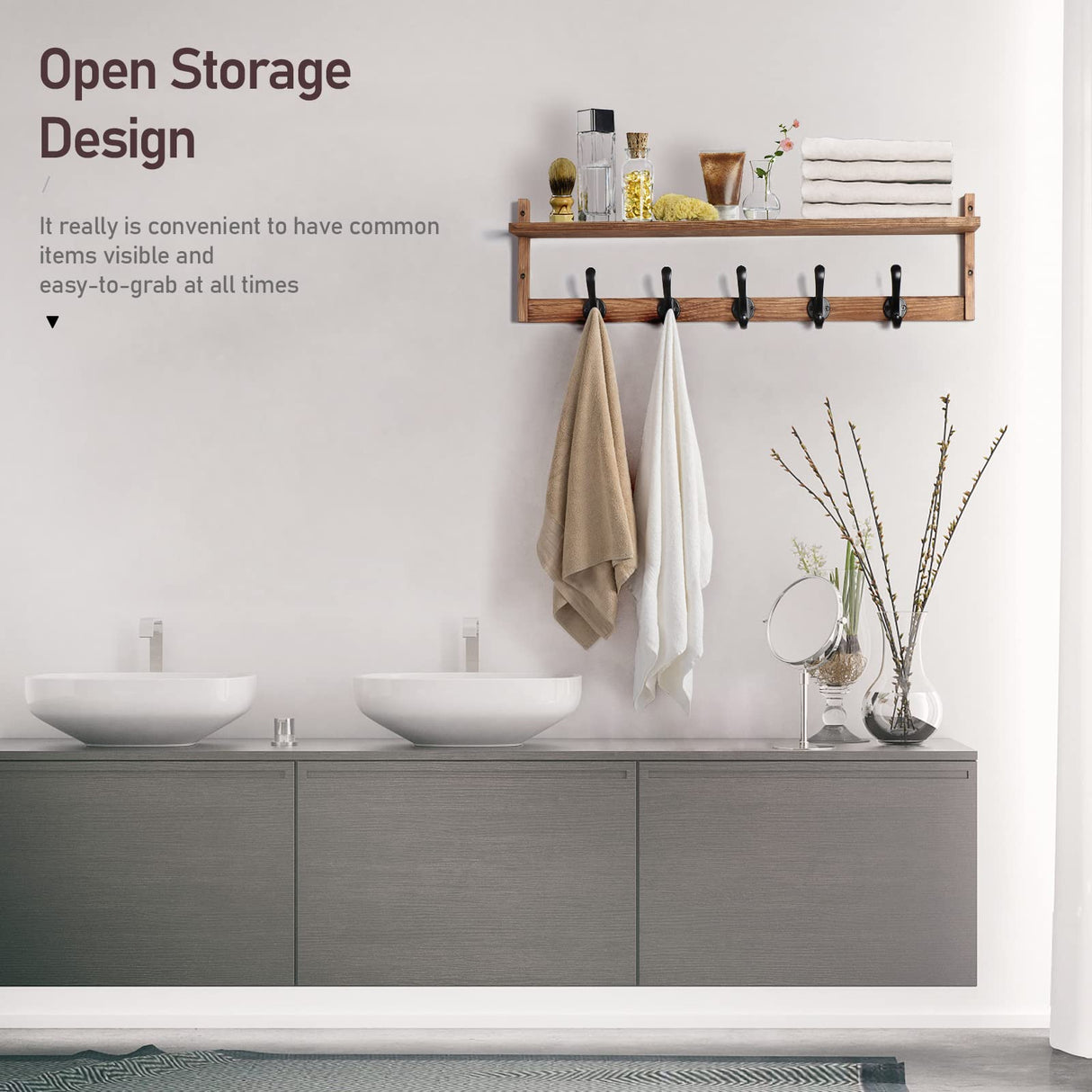 Tatub 29'' Coat Rack Wall Mount with Shelf, Wood Wall Hooks with Storage, Entryway Shelf with 5 Hangers for Bathroom, Living Room, Bedroom, Rustic Brown Tatub