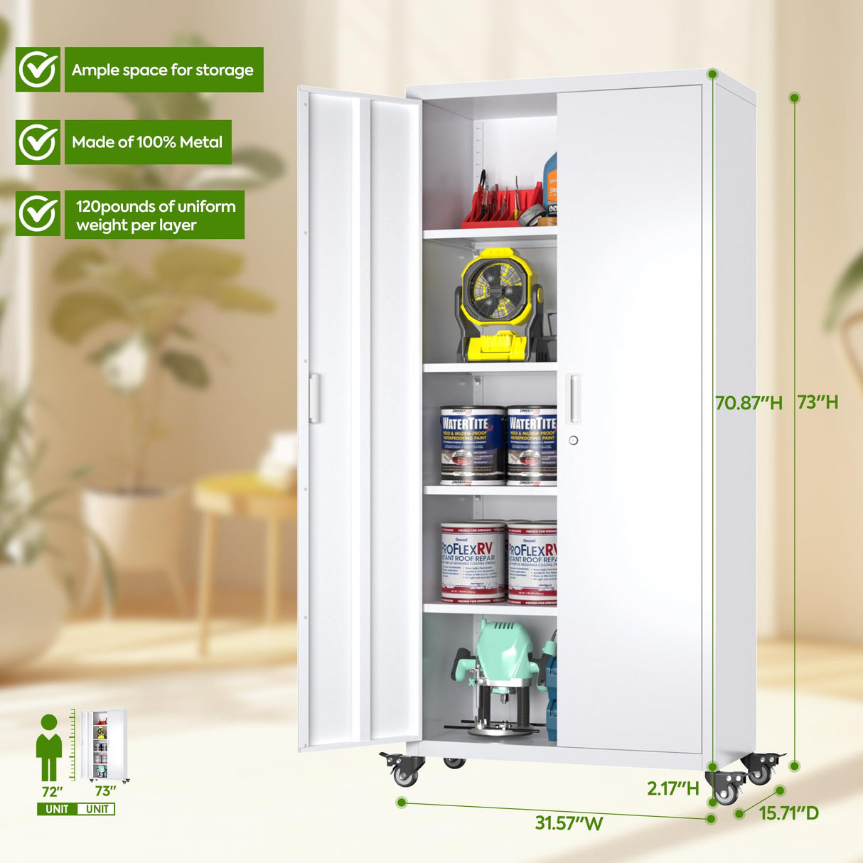 Aobabo 73" H Metal Storage Cabinet with Wheels, Locking Garage Storage Cabinet with 4 Shelves, Rolling Tool Storage, White, Assembly Required Aobabo