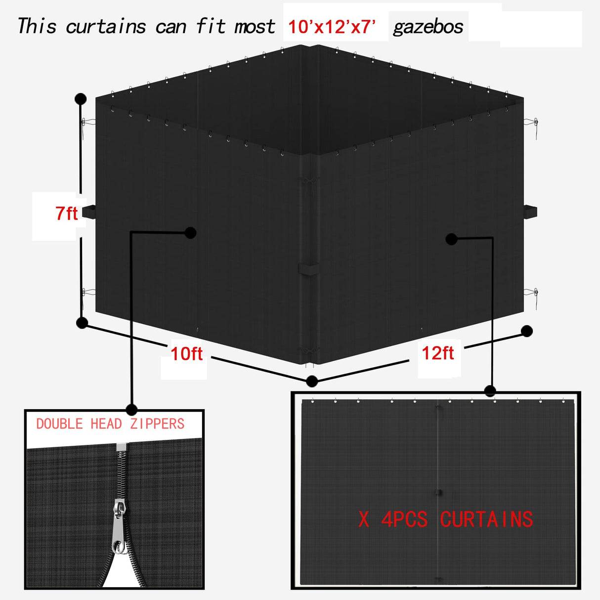 SunCula Replacement 10'x12' Gazebo Curtains waterproof, Universal Privacy Shade Curtains 4-Panels sidewall with Zipper, Outdoor Curtains for Patio, Backyard, Garden-Black (Only Curtains) SunCula