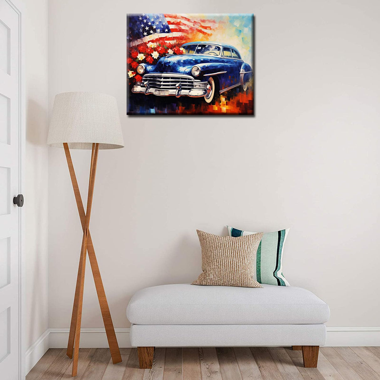 Tucocoo Retro Car Paint by Numbers Kits 16x20 inch Canvas DIY Digital Oil Painting for Adults with Brushes and Acrylic Pigment - American Flag Romantic Flower Pictures for Home Decor (Without Frame) Tucocoo