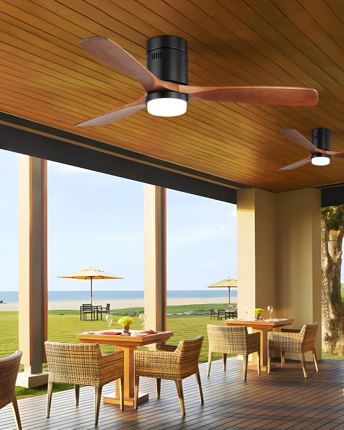 Sofucor 52 Inch Low Profile Ceiling Fan with Lights Flush Mount Ceiling Fan with Remote Control Dimmable LED Light 3 Reversible Walnut Wood Blades Noiseless DC Motor 6 Speed with Timer Sofucor